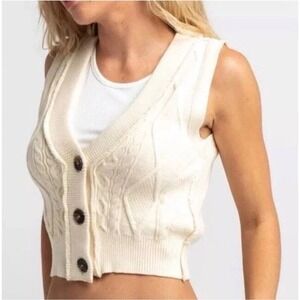 Free People Denson Cable Knit Vest Button Front V Neck Sweater Cream XS